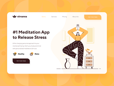 Meditation/Mindfulness Platform Landing Page 2d brain character flat health illustration landing page meditation meditation app mindfulness nirvana orange relax startup stress ui ux web design yellow yoga