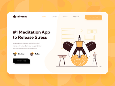 Meditation/Mindfulness Platform Landing Page 2 2d calm character exercise flat girl healthy icon illustration landing page meditate meditation mindfulness orange relax ui ux web design yellow yoga