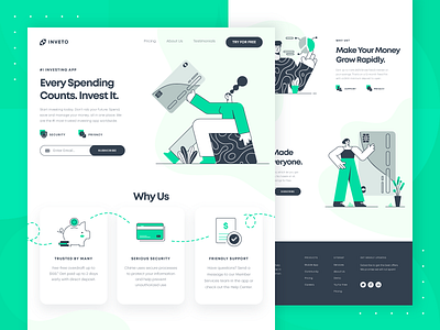 Fintech Banking/Investing Landing Page 3 2d bank banking blockchain budgeting character finance fintech flat green illustration investing investment landing page line money startup ui ux web design