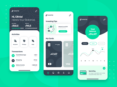 Fintech Banking Investing App UI/UX 2d app banking blockchain budgeting finance financial fintech flat green icon illustration investing investment mobile money startup ui user interaction ux