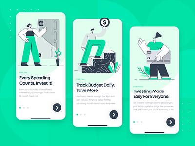Fintech Banking Investing App UI/UX Onboarding 2d app banking blockchain budgeting character finance fintech flat green illustration invest investing mobile money onboarding startup ui user interface ux