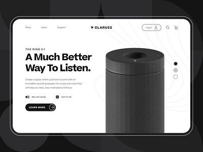 Claruss - Bluetooth Speaker Landing Page UI/UX Animation 3d animation audio bluetooth speaker c4d interaction landing page loudspeaker minimal modern music product design sound speaker speaker system ui ux web app web design wireless