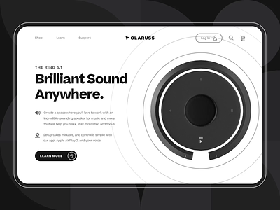 Claruss - Smart Bluetooth Speaker Landing Page UI/UX Animation 2 3d animation artificial intelligence audio black bluetooth speaker c4d illustration loudspeaker motion graphic music product design smart speaker sound system speaker startup ui ux web design wireless