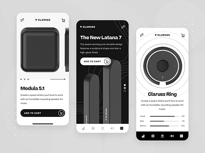 Claruss - Bluetooth Speaker Main UI/UX App Screen 3d app audio black bluetooth c4d ecommerce illustration interaction minimal mobile modern music sound sound system speaker startup ui ux wireless