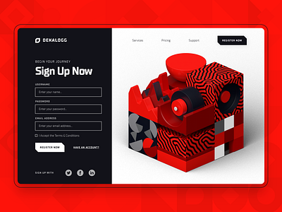 Dekalogg - Data Analytics Marketing AI Login Screen 3d advertising analytics artificial intelligence black business clean commerce data fintech illustration landing page login screen marketing minimal red startup ui ux web design