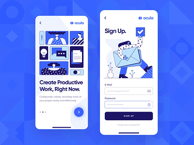 Ocula — UI/UX Login Screen Interaction 3 2d animation app blue flat icon illustration interaction login microinteraction mobile onboarding productivity register sign in sign up startup ui user interface ux