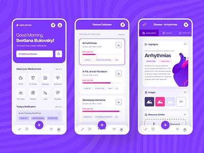 Asklepios Health - Disease Database Mobile UI/UX 2d animation biology biotech cancer cure disease doctor drug health illustration medical medicine mobile pill purple science ui ux violet