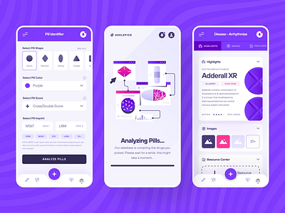 Asklepios Health - Pill Identifier Mobile UI/UX 2d animation biology biotech cancer cure dashboard disease flat health illustration medical medicine mobile pill purple science ui ux violet