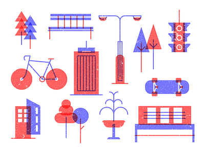 City Icons (Urban Icons) #2 bench bicycle building city icons city illustration city life fountain illustration skateboard street light traffic traffic light tree icon urban icons urban illustration urban life