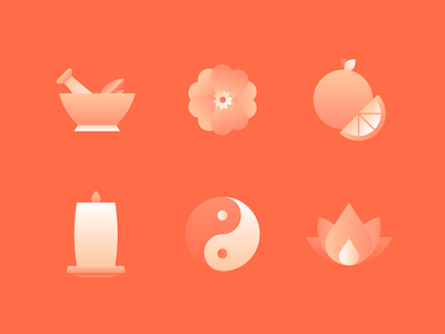 Health & Wellness Icons #2 candle flower health health icon illustration lotus lotus flower minimal mortar and pestle mortar pestle orange orange icon orange slice spa spa candle wellness wellness icon yin and yang yin and yang icon yin yang