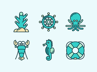 Marine Life Icons 2 coral design icon icons line icon lobster logo marine marine life marines nautical ocean octopus reef sailor sea icon seahorse squid ui vector