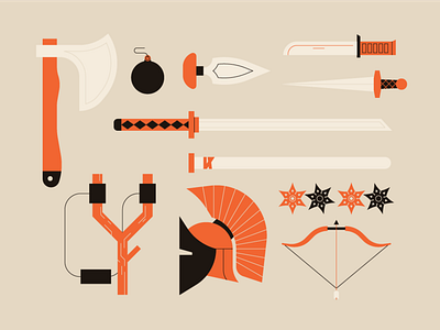 Weapons Collection 2 armor arrow axe bomb dagger greek head armor helmet icon illustration katana knife kunai ninja samurai terror ui ux weapon weapons