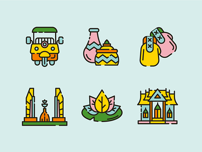 Thailand Icons 1 2d boxing buddha hindu illustration line icon lotus flower muai thai shrine southeast asia statue temple thai food thailand thailand art tuk tuk ui ux vase wat phra