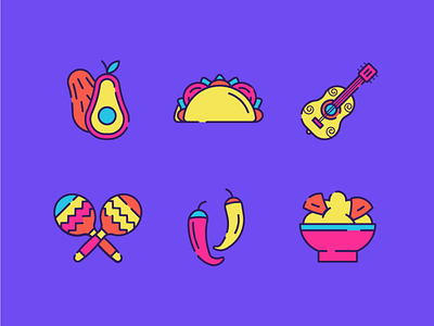 Mexico Icons 1 2d avocado chili classical guitar day of the dead dia de muertos flamenco food guitar icon illustration line icon mexican mexico nacho rumba south america taco ui ux