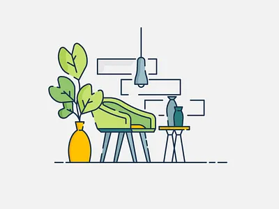 Interior Shot 2 architecture chair eco flat furniture green icon icon design illustration interior interior design lamp light line line icon minimalist plant table ui ux