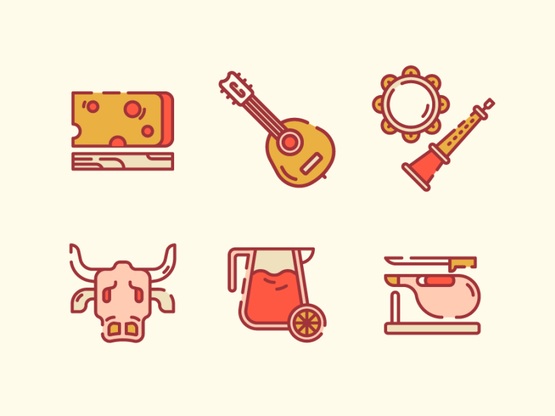 Spain Icons 2 2d barcelona bull cheese drink flat flat icon food icon icon design illustration music musical instrument musical instruments portugal spain traditional icon ui ux