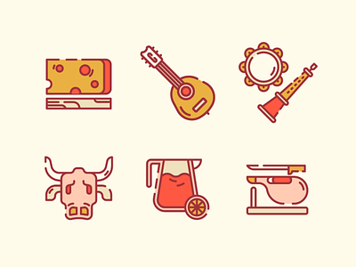 Spain Icons 2 2d barcelona bull cheese drink flat flat icon food icon icon design illustration music musical instrument musical instruments portugal spain traditional icon ui ux