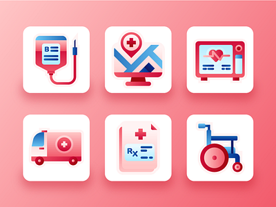 Hospital Icons 2 2d ambulance blood doctor flat health hospital icon set icons illustration medic medical app medical care medication medicine red ui ui design ux wheelchair