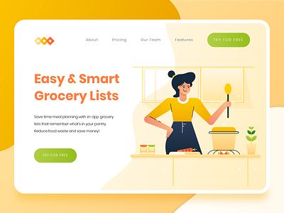 Food Startup Landing Page 2 2d app business character chef clean cooking flat food food app grocery home cooking illustration modern startup ui ux vector web design yellow