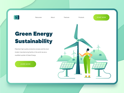 Green Energy Sustainability Landing Page 1 2d 2d character business fintech flat green green energy landing page landing page ui modern recycle science solar panel sustainability ui uidesign ux vector web design wind turbine