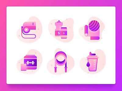 Fitness Icons 1 2d coach diet drink energy drink flat gradient icon set illustration jump rope purple supplement ui ux vector vectors web design weight whistle yoga