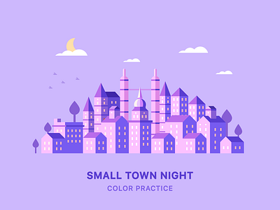 Small Town night color illustration night town