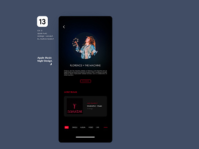 Apple Music Night Design. iOS 13.