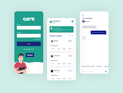 Care Medical Support App app branding chat chat app chatbot design flat layout medical medical app medical care minimal mobile app product ui ux