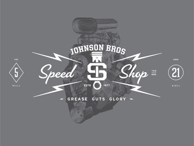 Johnson Bros Speed Shop circle diamond gray grey halftone lightning monotone numbers piston poster script slab serif