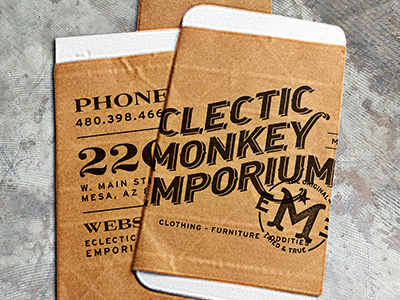 Eclectic Monkey Emporium Business Card black branding brown business card collateral design recycle reuse seal stamp tape typography