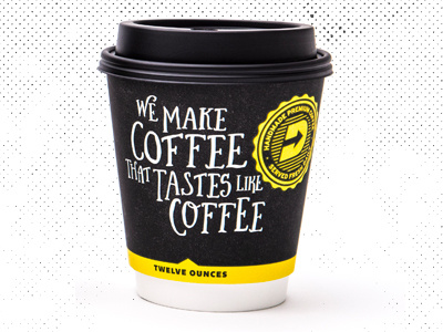 Dash In Coffee Rebrand badge black coffee cup halftone packaging seal texture type typography yellow