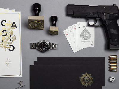 Casino Royale Invite badge black bullet cards casino dice gold gun king qualtric seal stamp