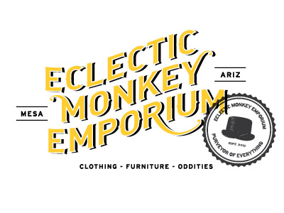 Eclectic Monkey Emporium Logo arizona badge branding design identity logo nostalgic pro bono seal typography vintage yellow