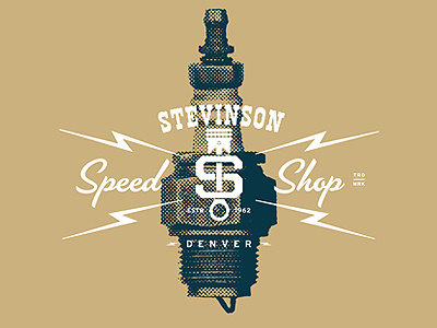 Stevinson Speed Shop Logo arizona branding car denver design halftone identity logo nostalgic piston script spark plug tough typography vehicle vintage
