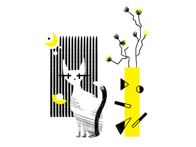 Cat and a Vase black brushes cat contrast geometric graphic design illustration lines shapes whitespace yellow