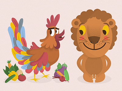 Chicken & Lion animals app drawing illustration king vegetables