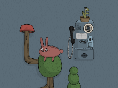 Public phone and a rabbit bunny character creature phone rabbit