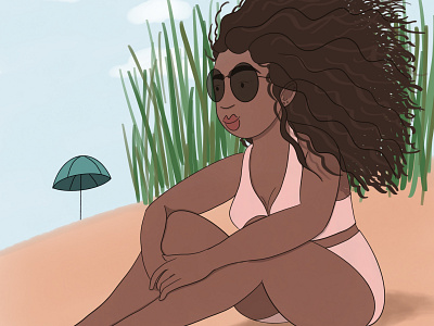 Tropical, Wavy Hair & Sunglasses blue brown digital art digital illustration illustration pink procreate woman