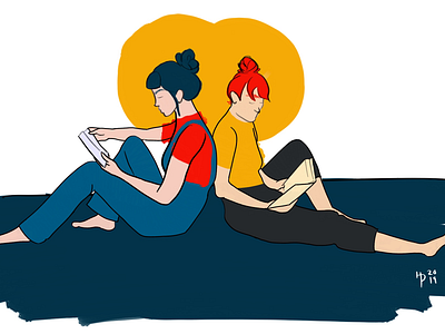 Readers gonna read. blue books digital art digital illustration friendship gray illustration procreate reading red women yellow