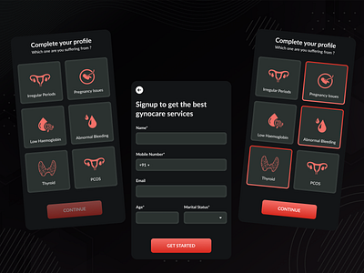 Gynocare black dark mode design grey gynecology selection signup tiles ui