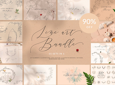 Line Art Floral Graphic Bundle ~ 90% OFF branding bundle design floral graphics illustration logo monogram patterns vector