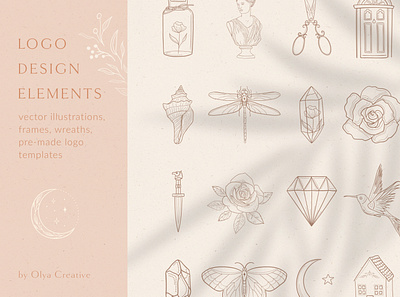 Logo Elements + Pre-made Designs branding elements floral illustration line logo lineart logo logo design moon stars tattoo vector