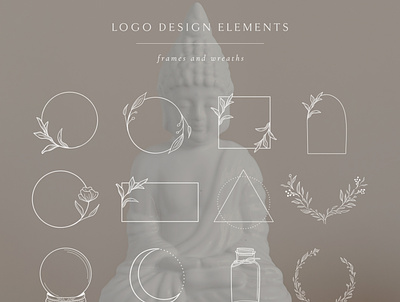 White Logo Elements, Frames and Borders. Spiritual, Astrologyю ball branch branding capsule circle cosmos crescent graphics icons leafy logo magic moon olive rectangle round tattoo triangle vector wreath