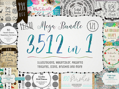 Mega Bundle ~ 3512 in 1 ~ 99% OFF bundle deal graphic bundle graphic elements graphics illustrations patterns vector vector brushes watercolor