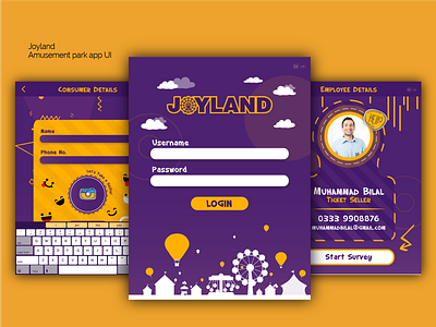 Amusement Park App UI design amusement park android app consumer fun joyland kids purple rides selfie survey ui