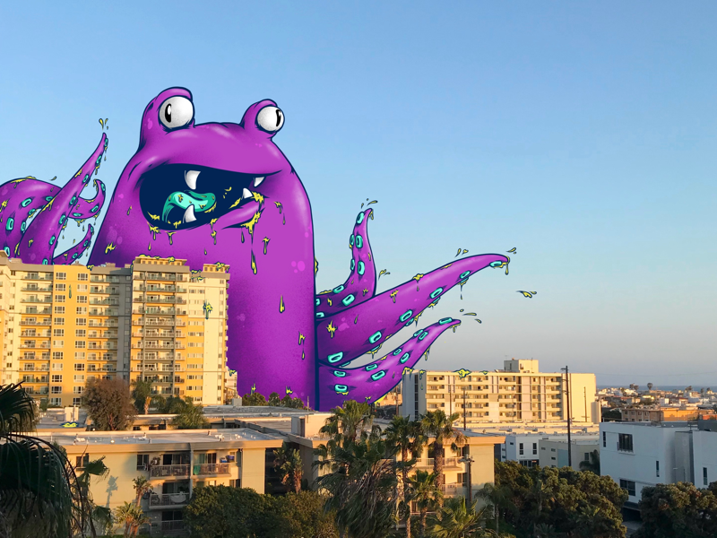 “LA Gets Invaded” digital drawing w/ Procreate illustration mixed media art on photo creature character art character design monster drawing procreate digital art digital drawing la