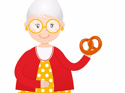 Vector cartoon grandma with cakes in hand