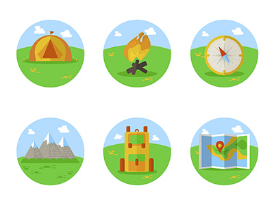 Set Of Flat Hiking Icons activity adventure ax backpack bonfire camp circle collection compass cutting