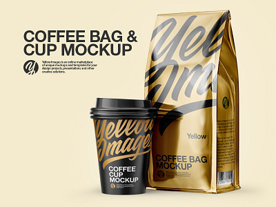 Coffee Bag & Cup PSD Mockup 3d coffee bag mockup render yellow images