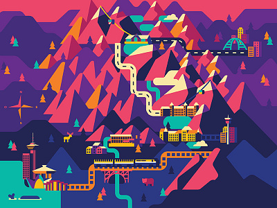 Rocky Mountaineer alberta british columbia canada city flat graphic illustration map rocky mountaineer train vector